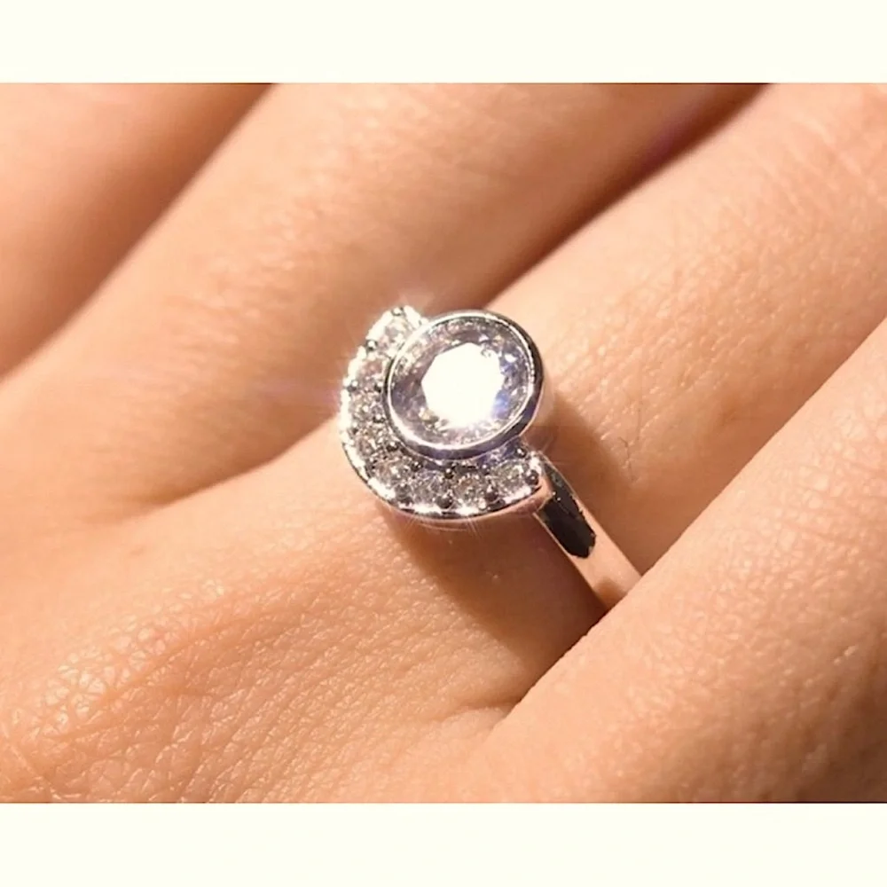NEW 2Ct Half Moon Rhodium 925‎ Silver Simulated Diamond, Size 9